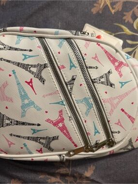 White Eiffel Tower Print Crossbody Bag with Pink, Blue & Black Accents
